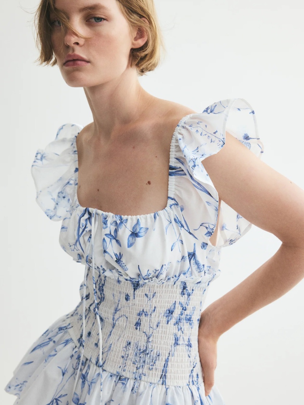 H&M Ruffle Tiered Skirt White Mini Dress with Blue Floral Print - Picture 3 of 12